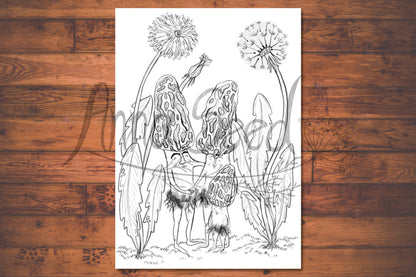 Watermarked preview of the Mushroom Family colouring page, a morel family among dandelion clocks, on a wood backdrop
