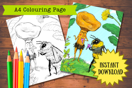 Nectar Milkshakes printable colouring page by Anna Seed, line art and coloured, a mushroom and bee sipping flowers