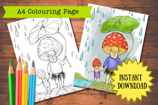 Out in the Rain printable colouring page by Anna Seed: mushroom folk under a leaf umbrella, shown blank and coloured
