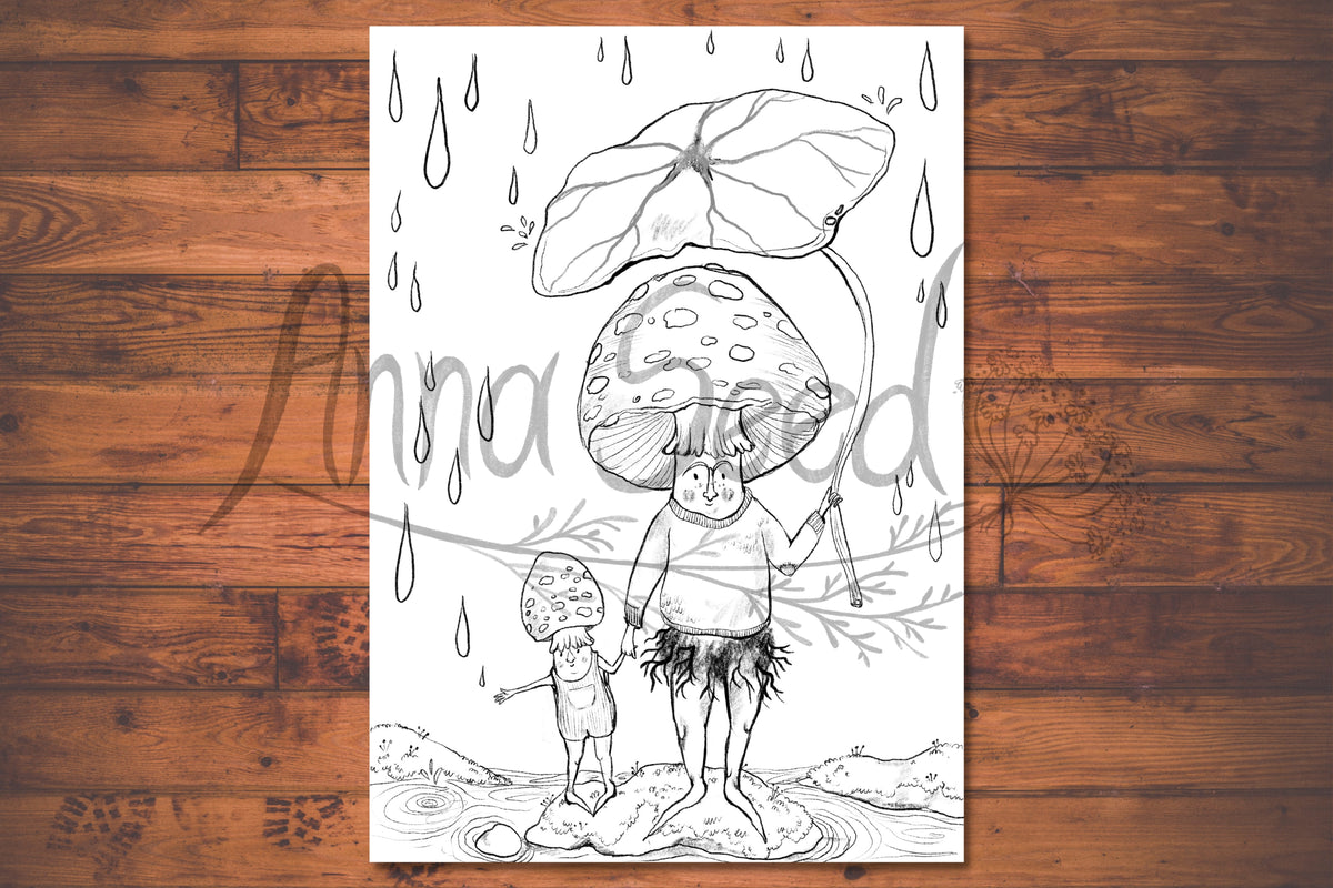 Line art of two mushroom people holding hands in the rain under a big leaf, shown on a wooden backdrop