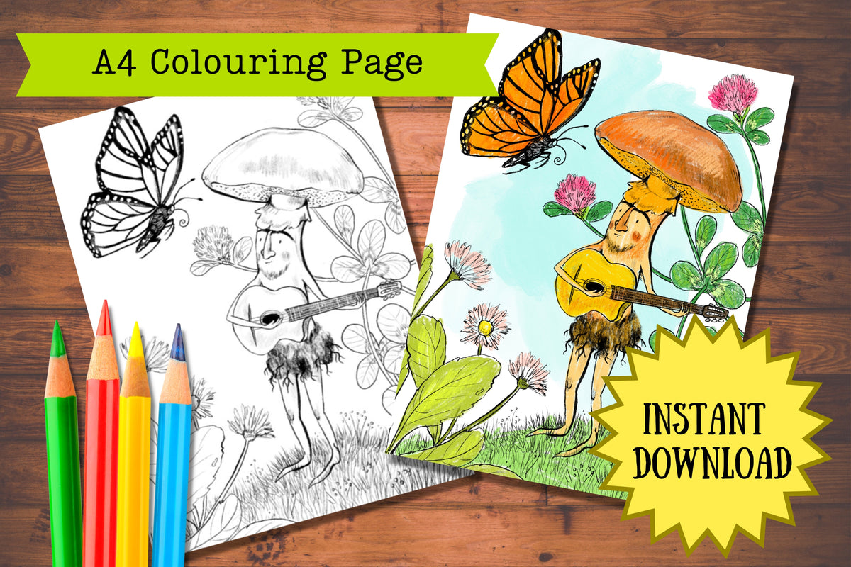 Serenade to a Butterfly printable colouring page by Anna Seed: mushroom man playing guitar, shown blank and coloured
