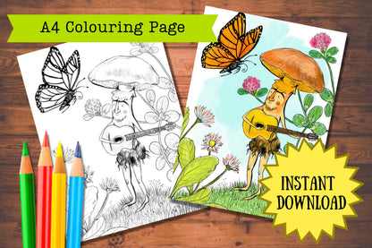 Serenade to a Butterfly printable colouring page by Anna Seed: mushroom man playing guitar, shown blank and coloured