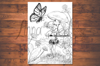 Line art of a mushroom man strumming a guitar to a butterfly among clover and daisies, on a wooden backdrop