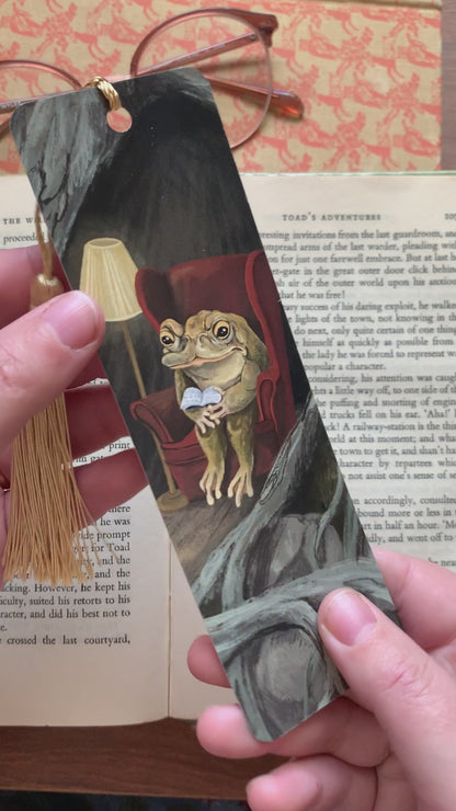 Video: Reading Toad bookmark held over an open book, showing the toad in his armchair in a dark root-lined burrow