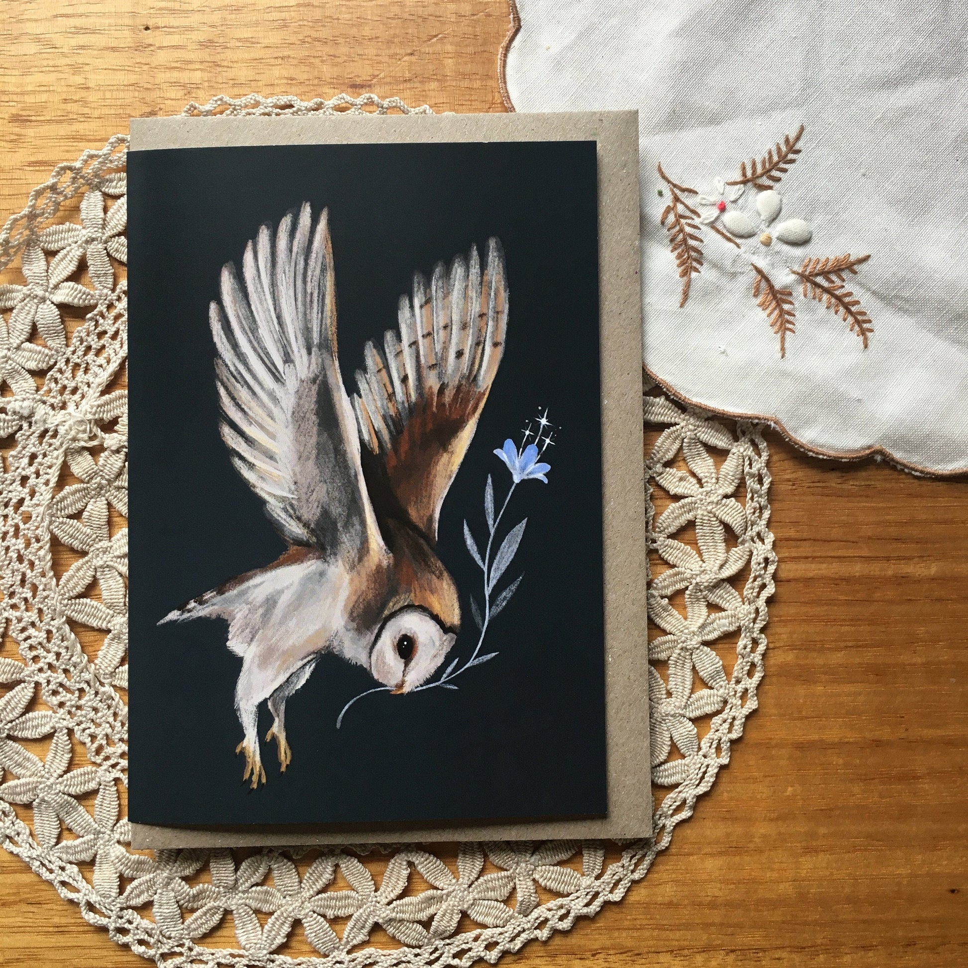 Anna Seed Art | Greeting Card - Barn Owl in Flight. Fantasy illustration